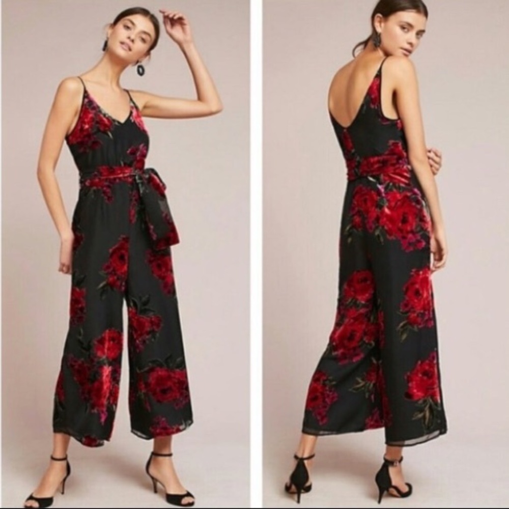 Anthropologie Floral Red and Black Velvet Jumpsuit